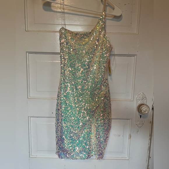 midnight doll one shoulder sequin homecoming dress reviews Midnight Doll Sequin One Shoulder Feather Trim Bodycon Dress